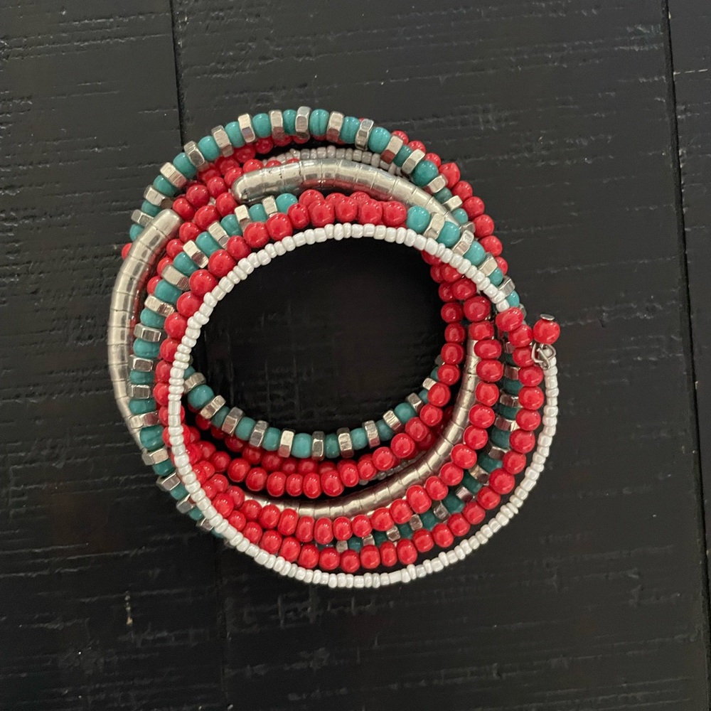 Retro BoHo Beaded Wrap Bracelet Blue Red Silver Memory Wire